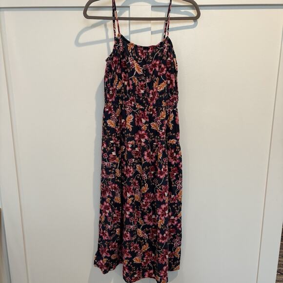 Boho Bloomcore Dress Women Small Navy Linen Blend Sundress Tiered Midi Pockets - Picture 2 of 15